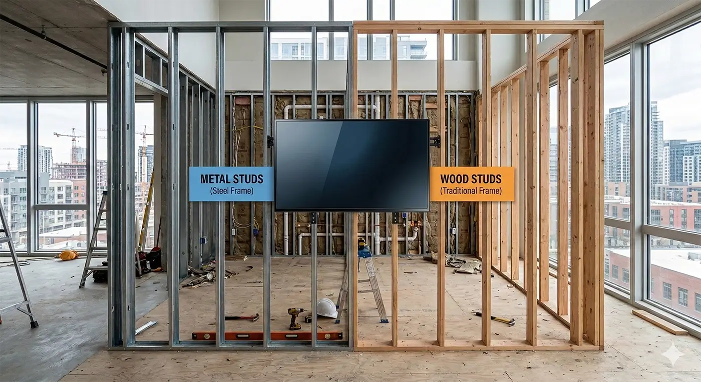 Types of studs behind drywall in apartments: metal studs and wood studs